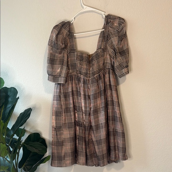 En Saison Plaid Puff Sleeve babydoll Dress with gold shimmer threading Large - Picture 5 of 5
